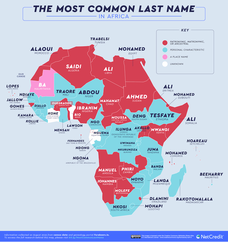 Mapa revela os sobrenomes mais comuns em cada país
