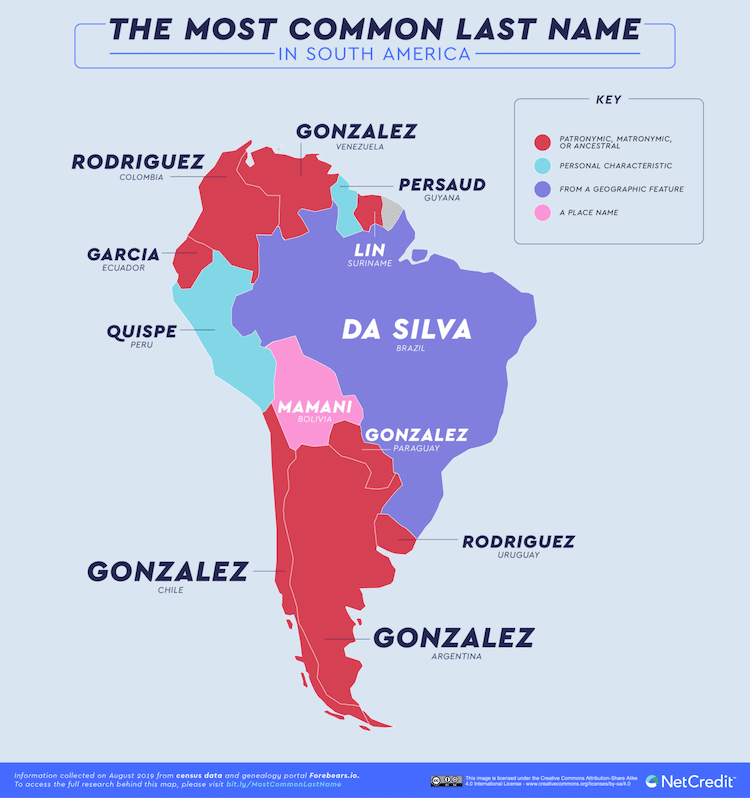 Mapa revela os sobrenomes mais comuns em cada país